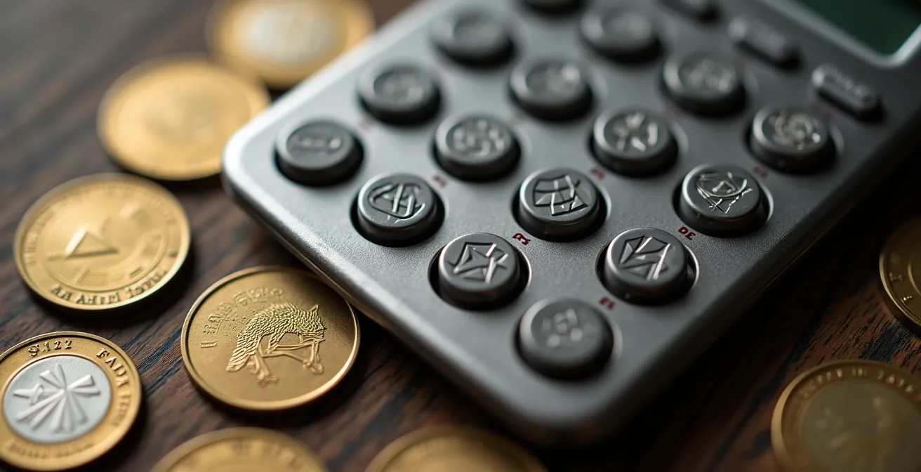 Calculatrice et pièces sur bureau moderne