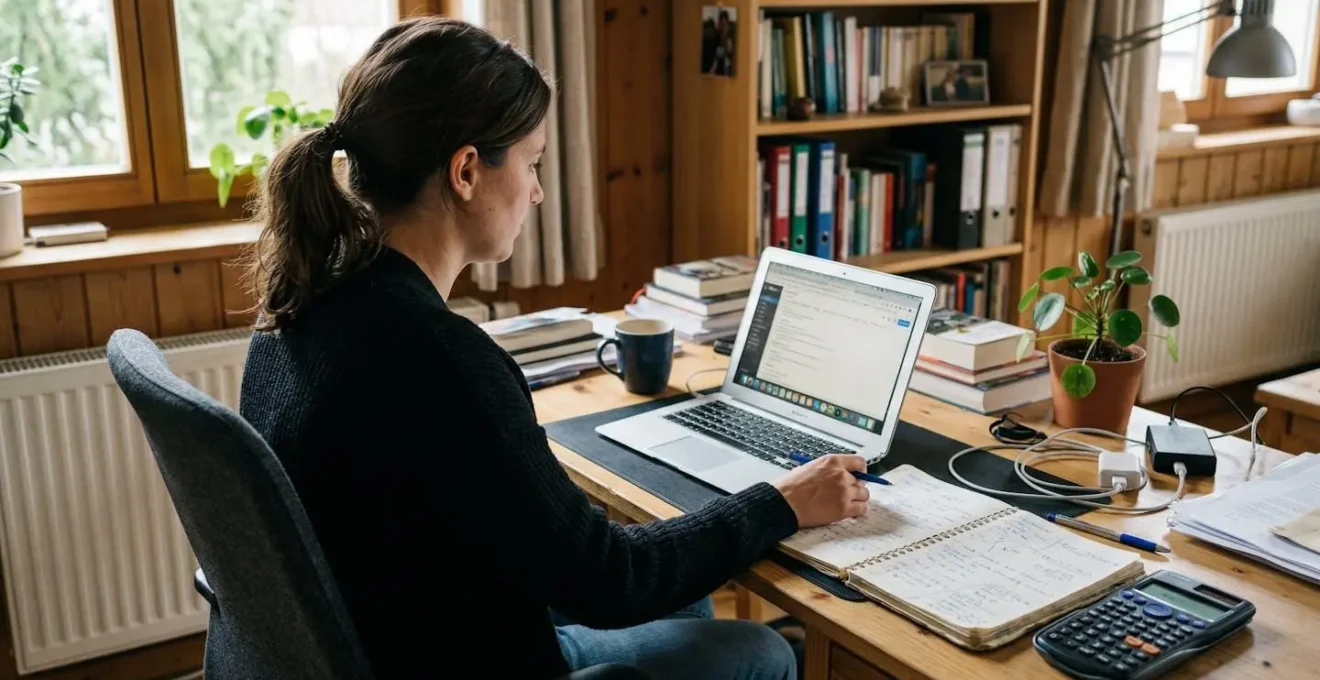 Vue over-the-shoulder d'une personne assise à un bureau à domicile avec ordinateur portable ouvert