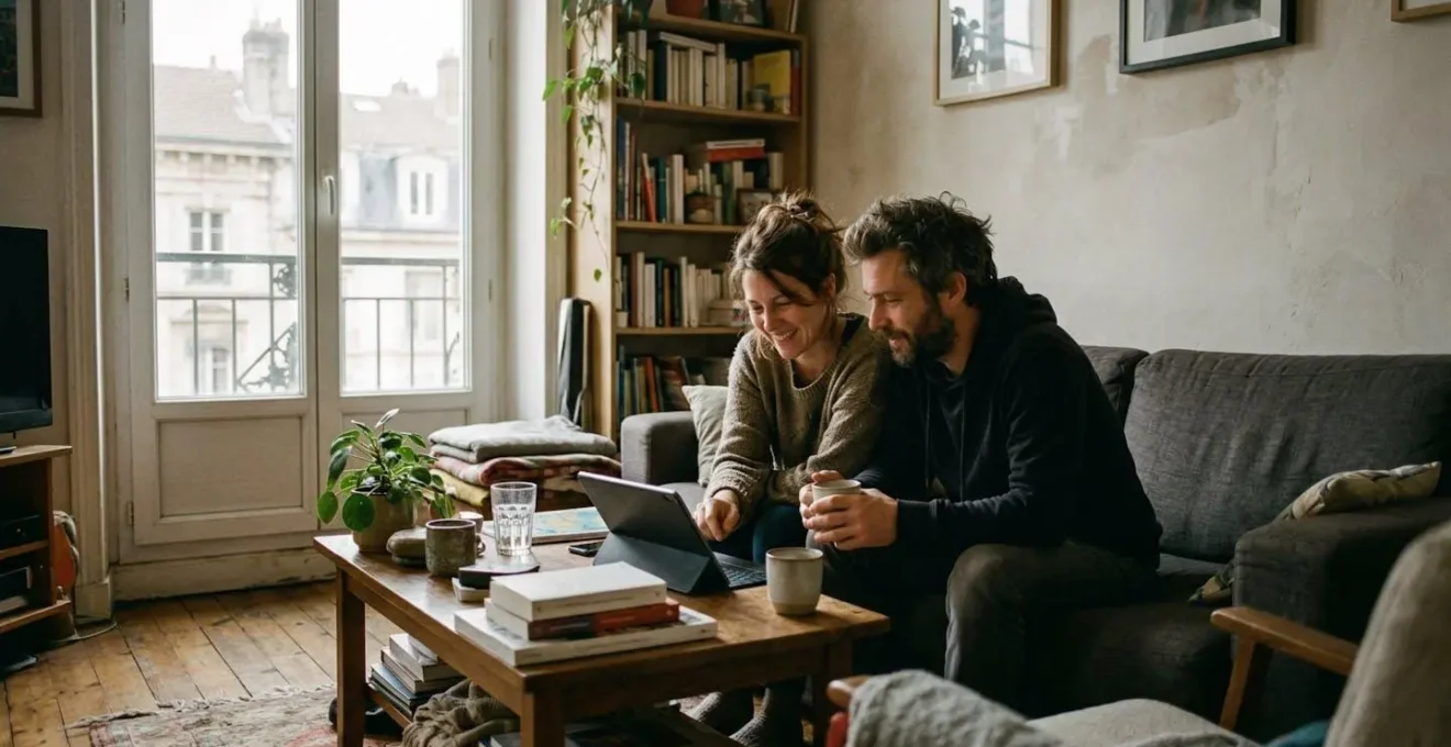 Un couple trentenaire assis sur un canapé dans un appartement lyonnais lumineux regarde ensemble une tablette posée sur la table basse