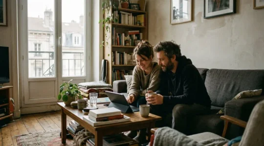 Un couple trentenaire assis sur un canapé dans un appartement lyonnais lumineux regarde ensemble une tablette posée sur la table basse