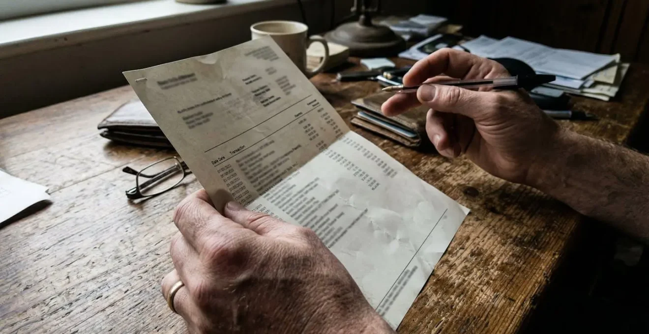 Gros plan sur des mains tenant un relevé bancaire papier avec un stylo posé à côté