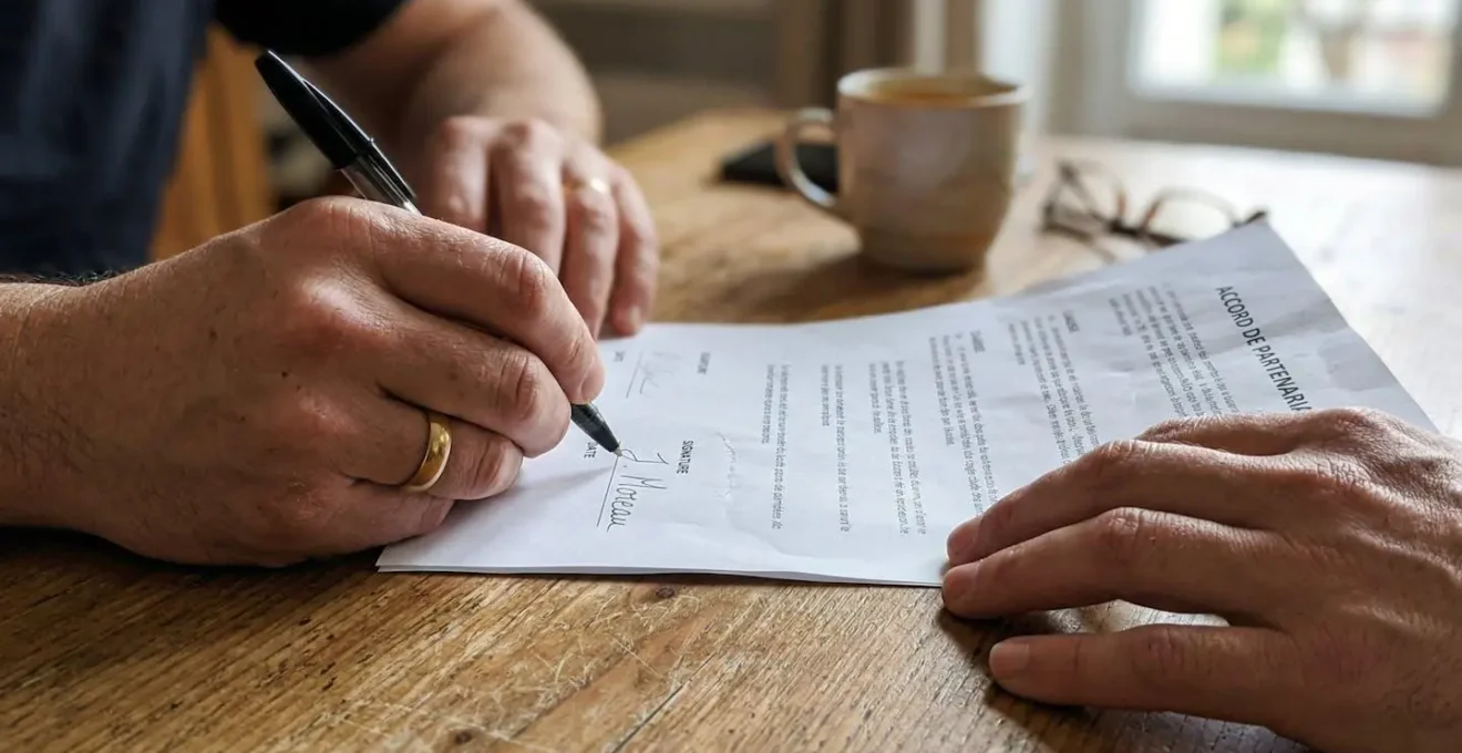 Mains d'une personne signant un document sur une table avec alliance visible